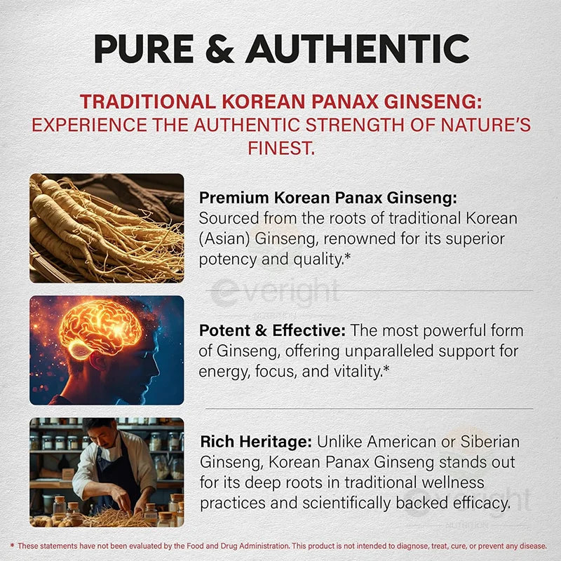 Red Korean Ginseng Supplement for Men - Extra Strength 10:1 Extract - Energy, Focus, Productivity, Performance - Natural & Vegan
