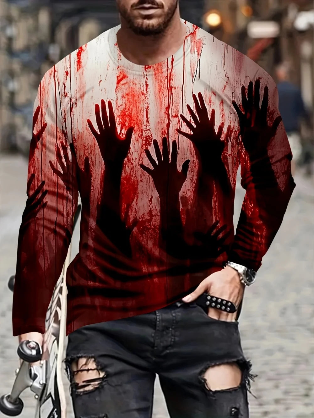 Problem Solved Bloody 3D Printed Men's T-Shirts Fashion for Men Horror Halloween Long Sleeve Tops O-Neck T-Shirt Mens Clothing