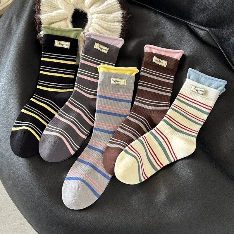 5 Pairs Women's Socks Pack High-quality Pile Socks For Girl Korean Striped Simple Fashionable Versatile Sweet Middle Tube Socks