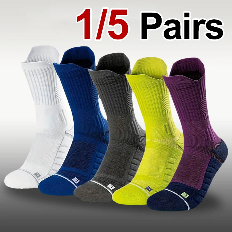 1/5 Pair Men Towel Bottom Basketball Sports Socks Anti Odor Sweat Absorbing Cushioning Shock Absorption All Season Running Socks