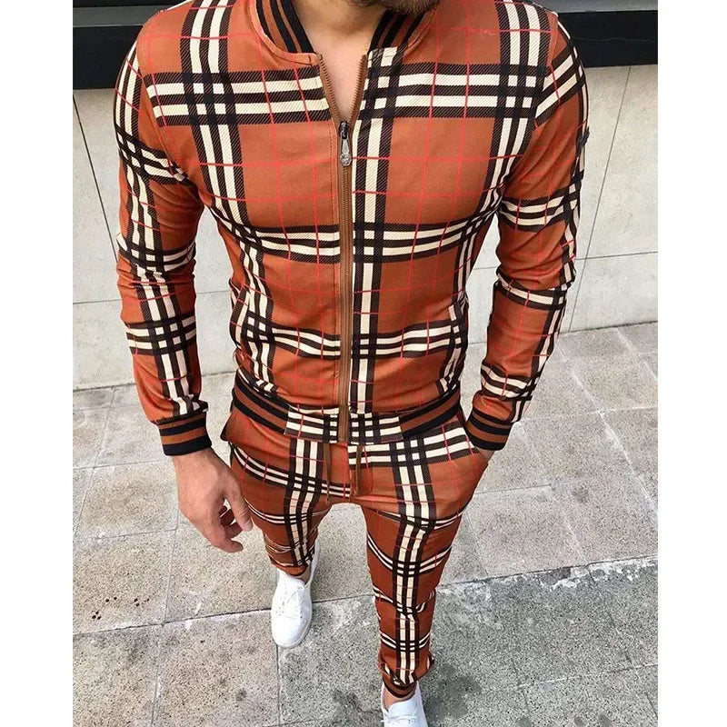 2-piece Autumn Winter New Men's Sports Set Clothes for Man Tracksuit Sport Checkered Zipper Sports Shirt Running Jogging Clothes