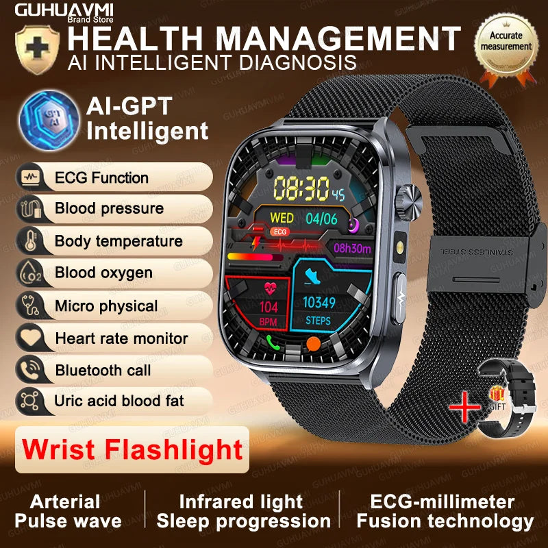 New Accurate Blood Pressure Smart Watch Uric Acid ECG+PPG Blood Oxygen Body Analysis Body Fat LED Flashlight smart watches 2025