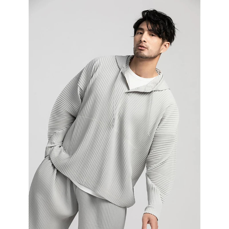 Pleats Pleated Hoodies For Men Black Hoodie 2025 Solid Color Coat Breathable Loose Drawstring Casual Top Man Clothing