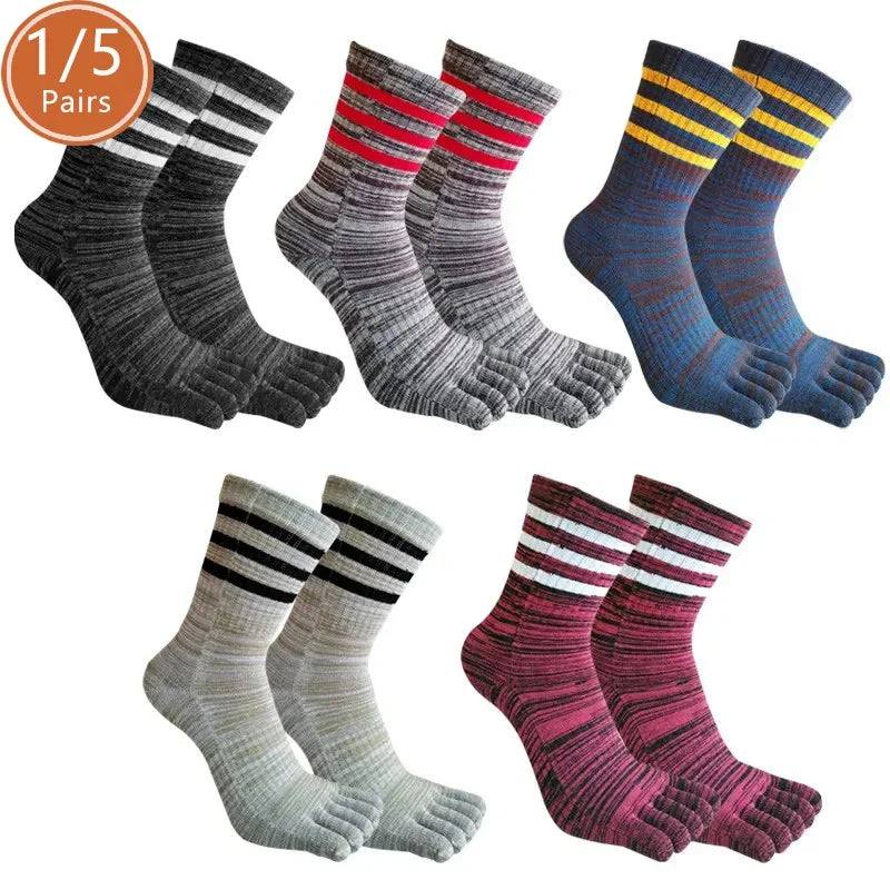 1/5 Pairs Five Finger Socks Sports Mans Cotton Striped Compression Vintage Sweat-Absorbing Outdoor Bike Toe Short Socks Student