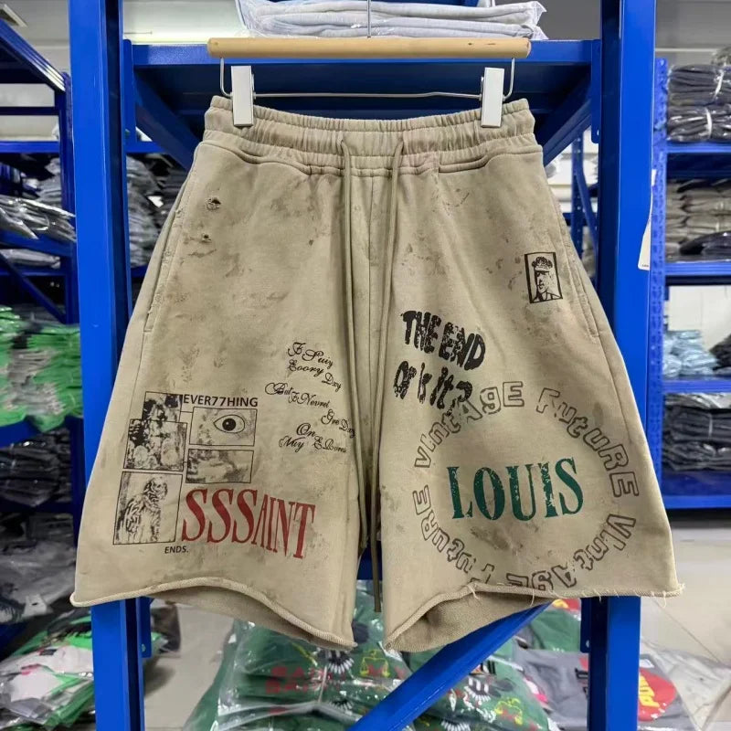 Y2K Grunge Sweat Shorts Men Vintage Washed Graphic Print Loose Fit Streetwear Casual Shorts