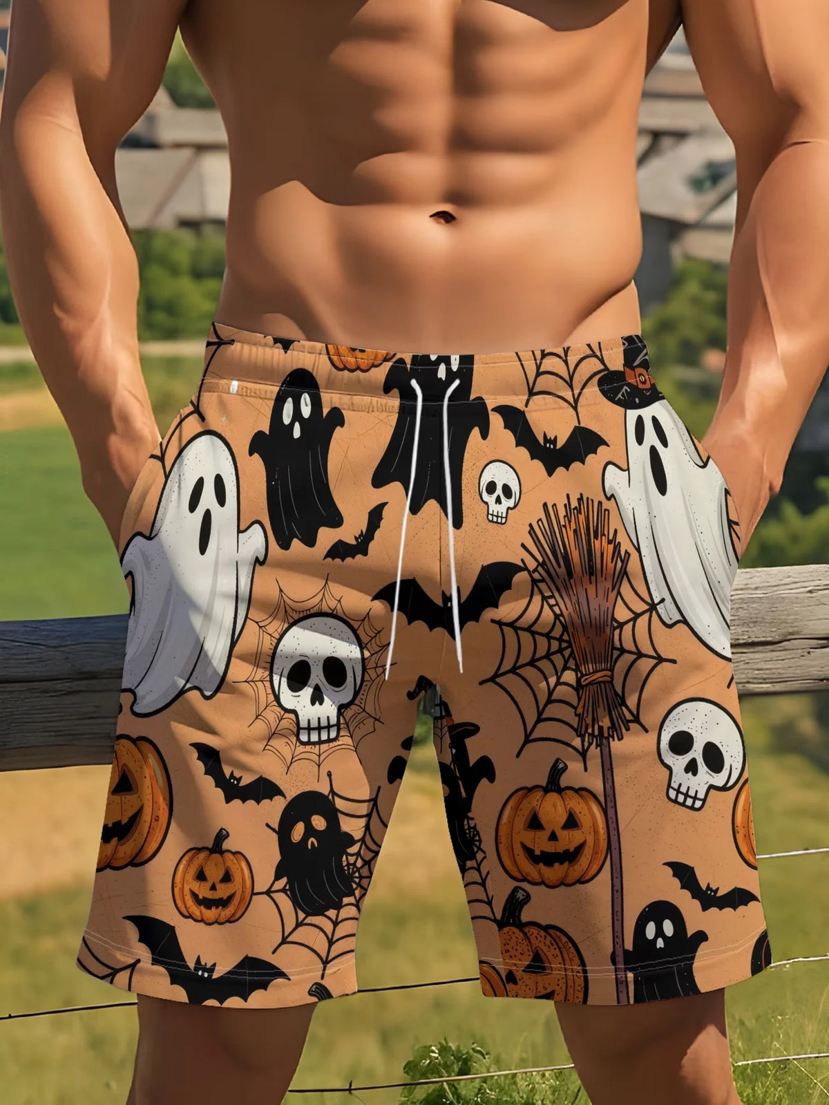 Summer Men's Women's Quick-Drying Beach Shorts Halloween Pumpkin Printed Shorts Beach Swimming Party and Outdoor Sport Shorts
