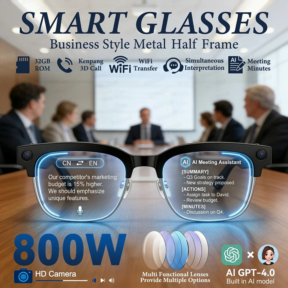 2026 New 8MP Ultra-Wide HD Camera Smart Glasses Video Record 4GB AI Photo Recognition BT Call Translation Voice Smart Glasses