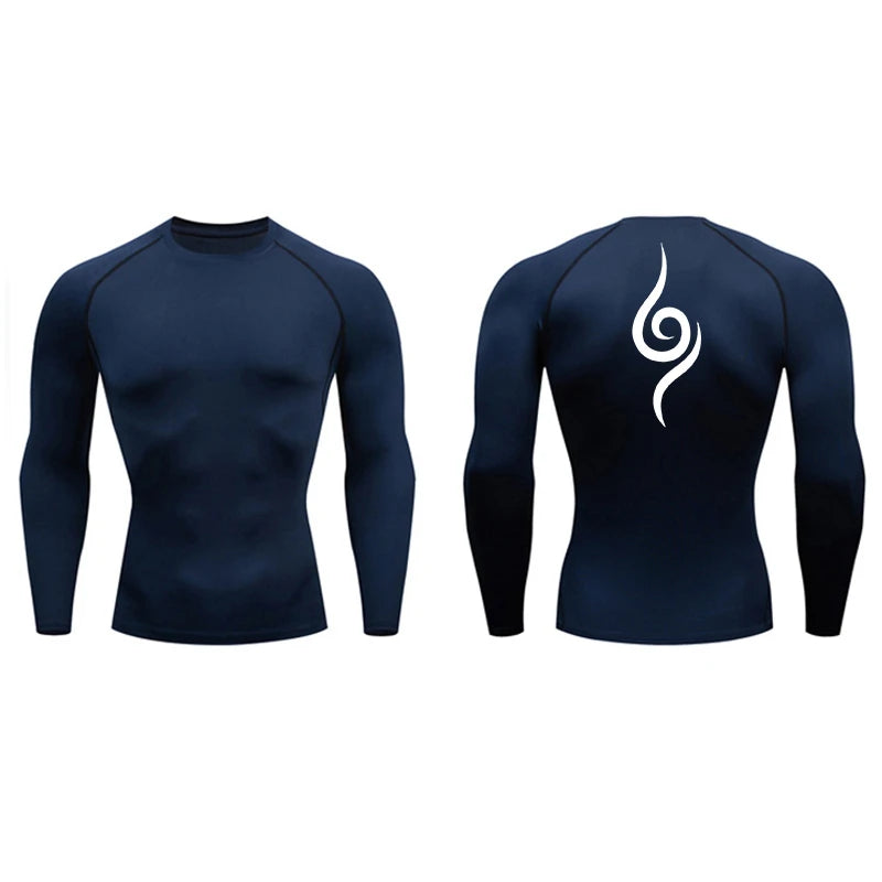 Spine Print Long Sleeve Compression Shirt for Men Athletic Quick Dry T-shirts Gym Workout Running Tees Tops Baselayer Undershirt