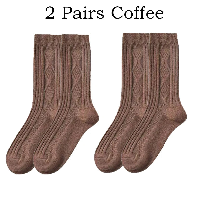 2 Pairs Cashmere Socks Wool Women's Boot Socks Diamond Check Thicken Warm Mid Tube Thermal Fashion Solid Simple Snow Socks