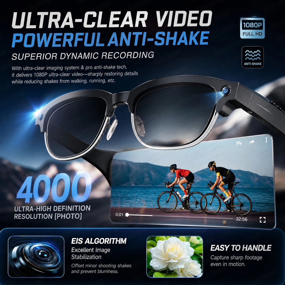 New HOT Business Smart Glasses Men 800W 4K HD Camera 1080P Shooting Action Capture AI Chat Call Waterproof Windproof Sunglasses