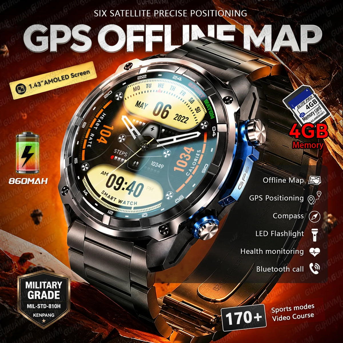 New Six Satellite GPS Precise Positioning Offline Map Smartwatch 10ATM 4GB Memory Flashlight SpO2 170+Sports Tracker Call Watch