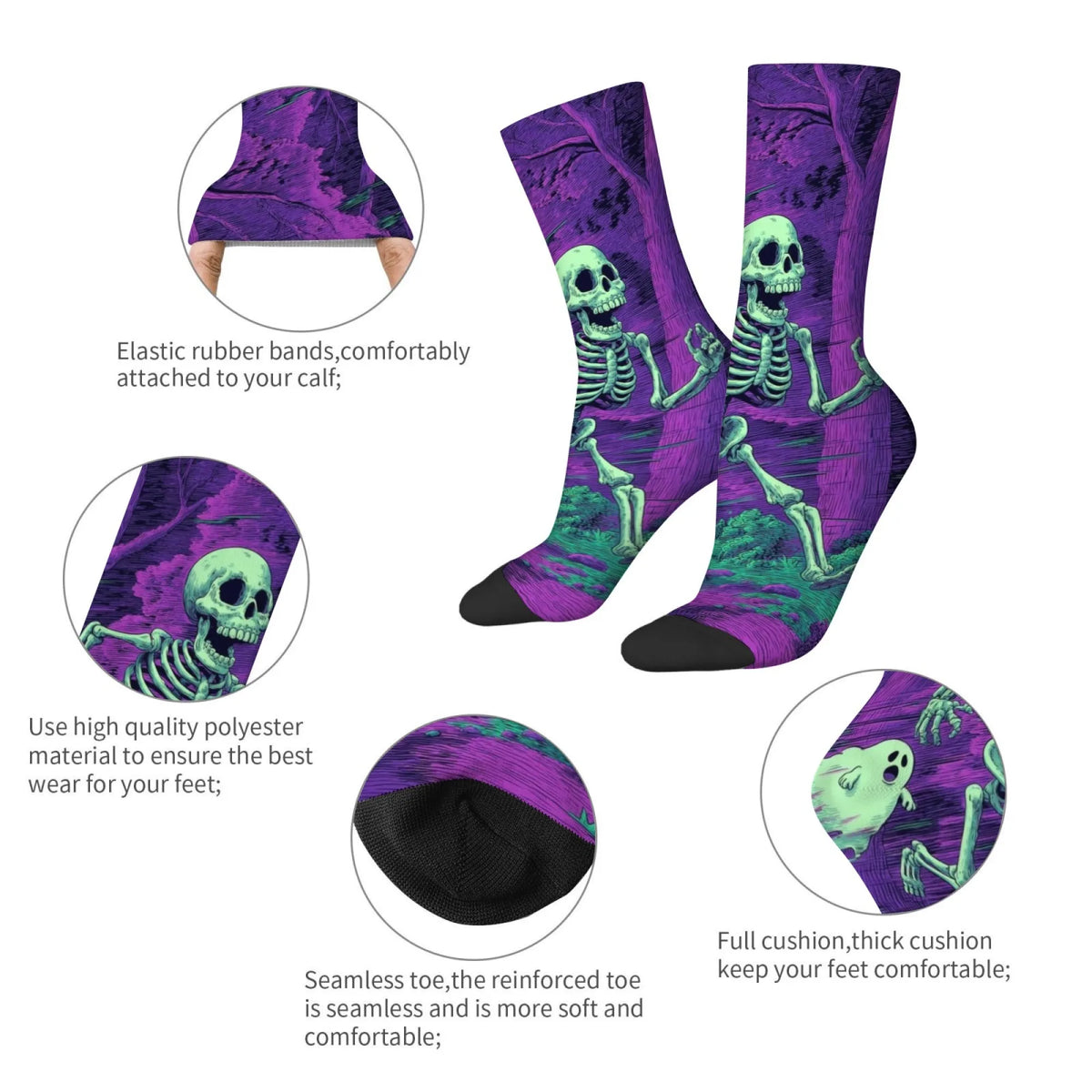 Harajuku Retro Psychedelic Purple Realm Dancing Skull Theme Print Men's Socks Novel Street Dark Hippie Style Casual Socks Gift