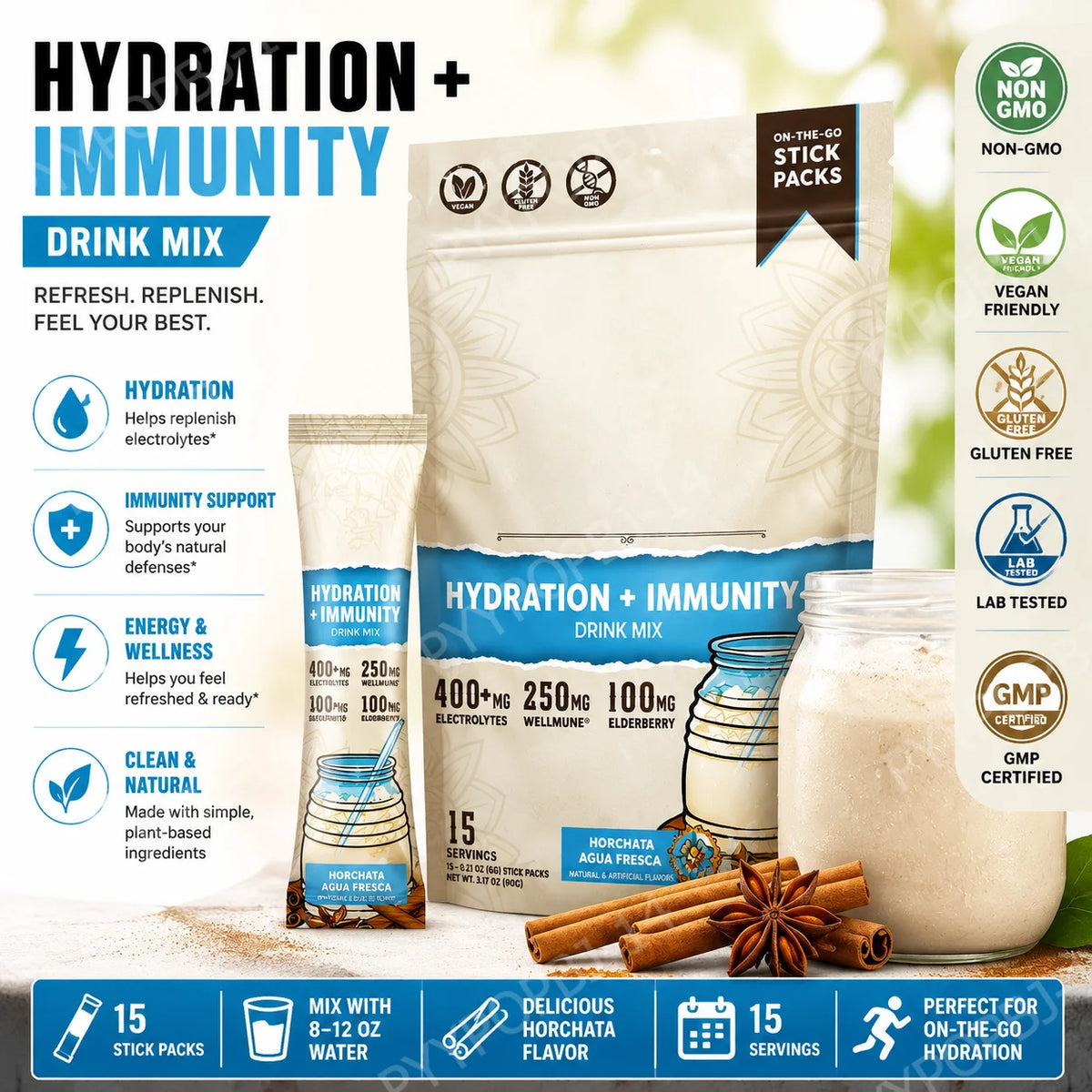 Hydration Packets + Immunity Electrolytes Powder Horchata - Agua Fresca Drink Mix Elderberry Low Calorie Non-GMO 15 Servings