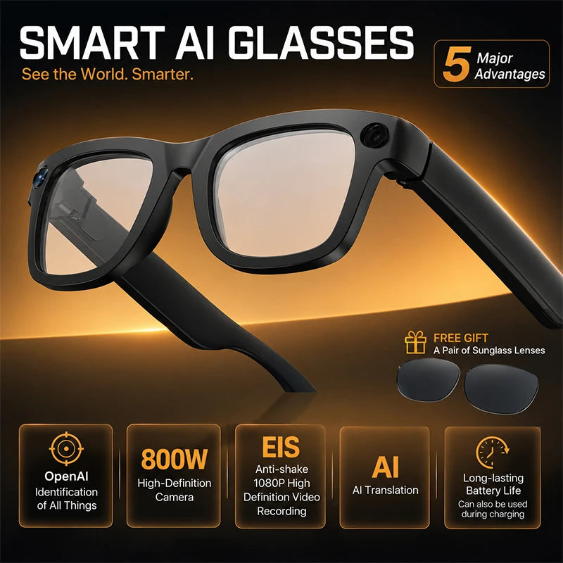Smart Glasses 800W HD Camera AI Recognition Translation EIS Anti Shake Video Recording Bluetooth Audio Smart Eyewear Men Women