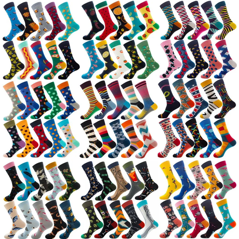 10 Pairs Lot Pack Men Women Couples Lover Socks New Arrival Rhombus Animal Christmas Cartoon Fruit Food Dot Cotton Happy Socks