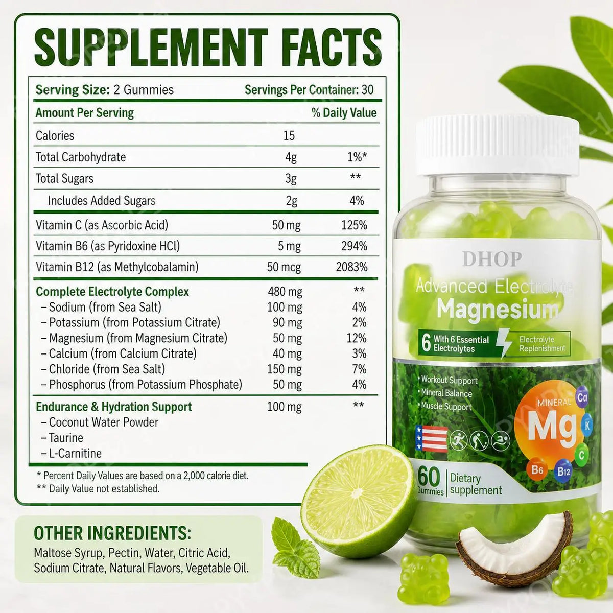 DHOP Electrolyte Gummies with Magnesium And Vitamins C B6 B12 - Mineral Balance Support 60 Count Advanced Gummy Supplement