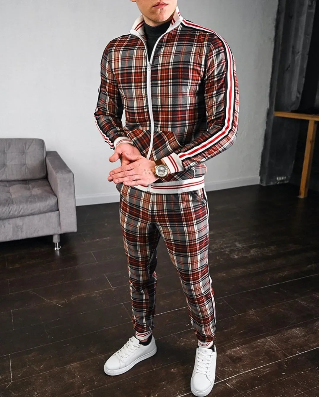 2-piece Autumn Winter New Men's Sports Set Clothes for Man Tracksuit Sport Checkered Zipper Sports Shirt Running Jogging Clothes