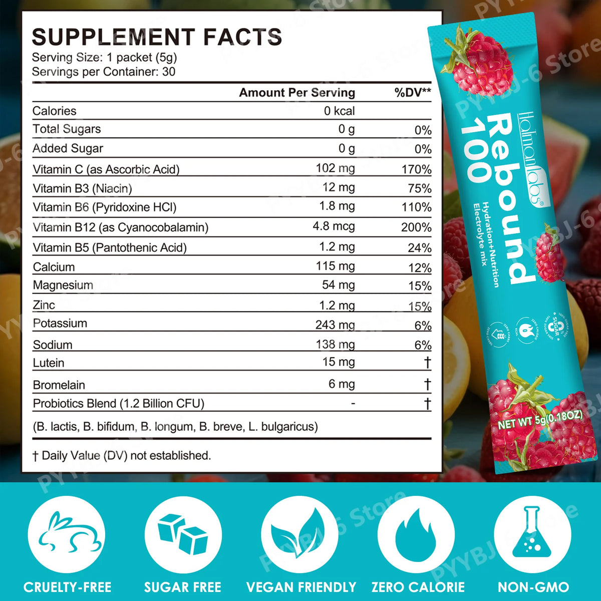 HolmanLabs Rebound 100 Electrolyte Supplement Powder Sugar Free Hydration Gut Vision Muscle Health Vitamins C B6 B12 30 Packets