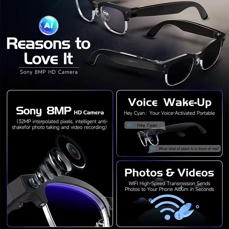 New Business 4K HD Color Change AI Smart Glasses 800W Pixel Camera 1080P Video AI Chat Music Player Call AI Sports Glasses Men
