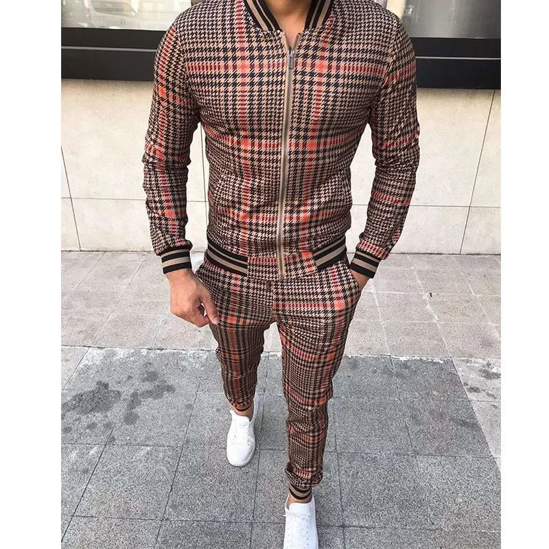 2-piece Autumn Winter New Men's Sports Set Clothes for Man Tracksuit Sport Checkered Zipper Sports Shirt Running Jogging Clothes