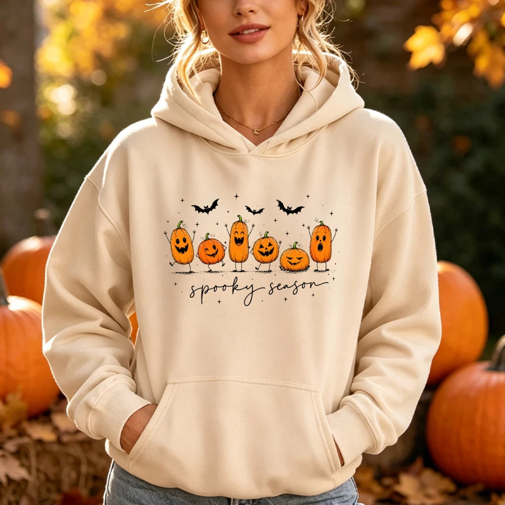 Spooky Season Cute Pumpkin Jack O Lantern Print Hoodie Women Halloween Fall Autumn Funny Graphic Long Sleeve Pullover Top