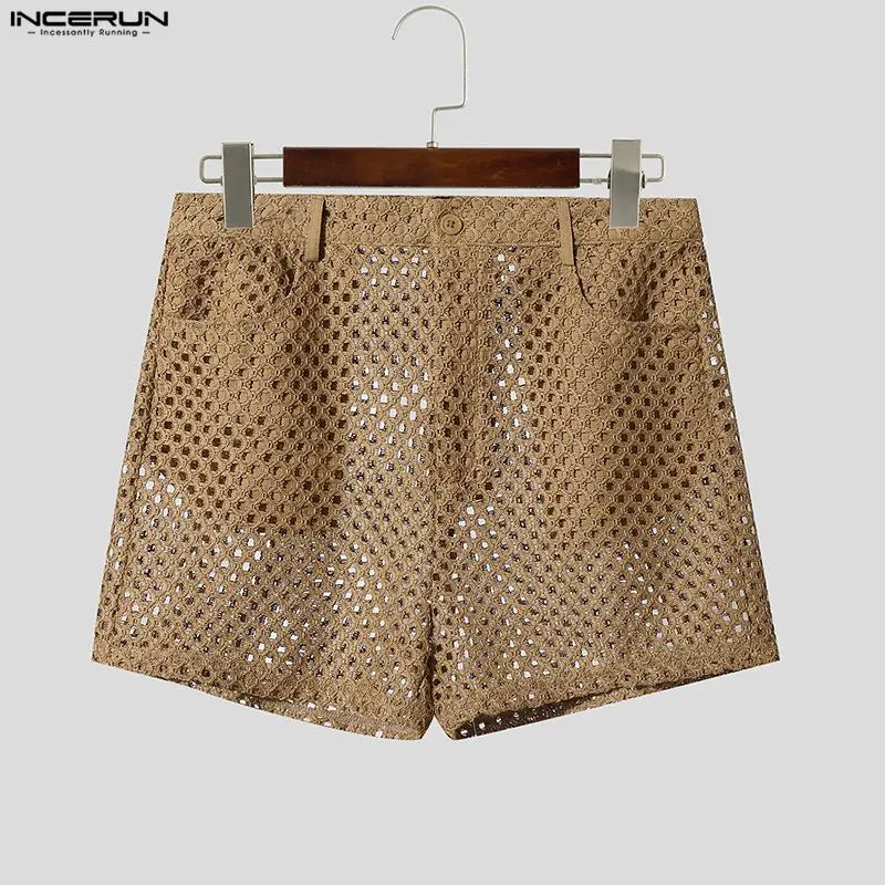 INCERUN Men's Shorts Solid Color Button Hollow Out Mesh See Through Men Bottoms Summer Streetwear Fashion Casual Shorts For Man