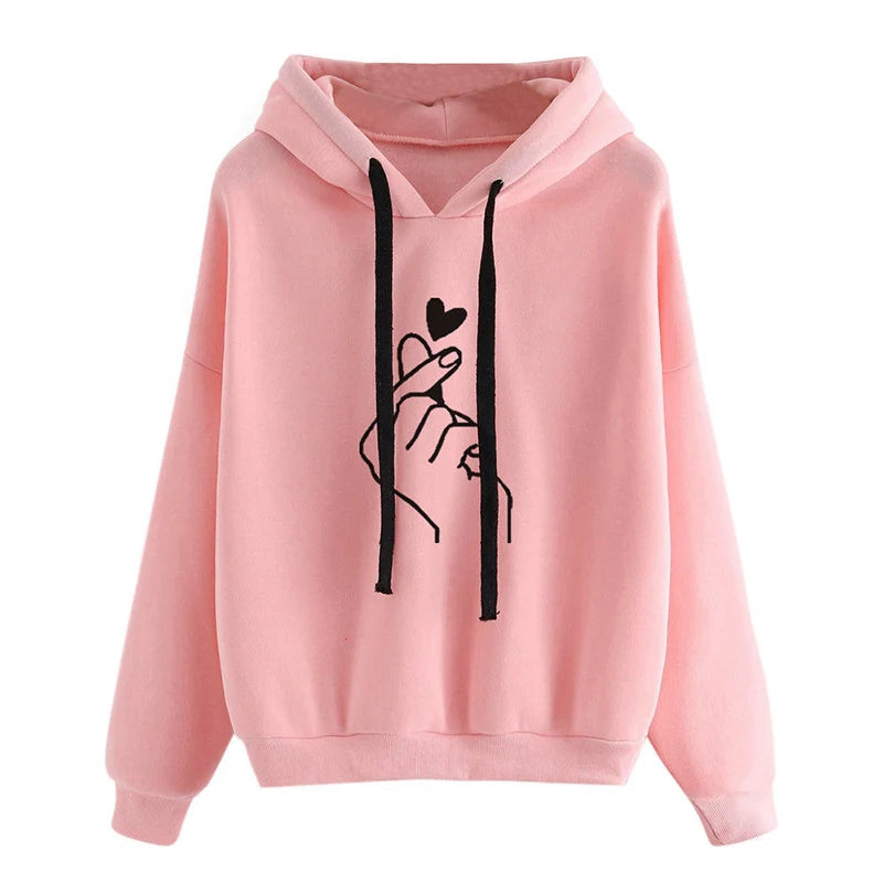 Plus Size Fleece Hoodie Solid Color Finger Heart Hooded Korean Fashion Sweatshirts Long Sleeve Drawstring Pockets Loose Hoodies