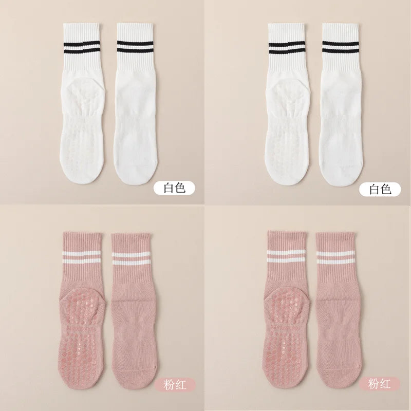 4pairs Women Anti-skid Yoga Socks Grips Cotton Mid-tube Bottom Breathable Fitness Dance Barre Workout Pilates Socks 8 Colors
