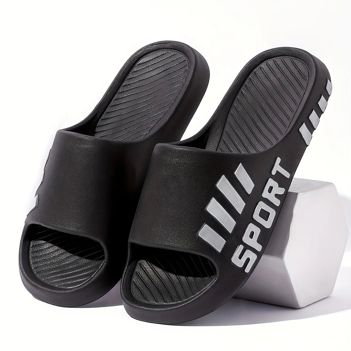 Men Sport Letter Print EVA Slides Striped Decor Non Slip Soft Thick Sole Indoor Outdoor Slippers