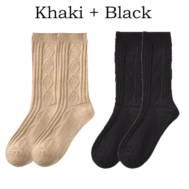 2 Pairs Cashmere Socks Wool Women's Boot Socks Diamond Check Thicken Warm Mid Tube Thermal Fashion Solid Simple Snow Socks