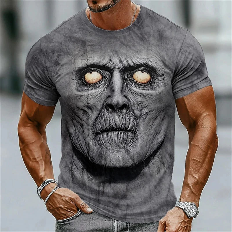 New Men's Halloween Crew-Neck Short-Sleeve T-Shirt Soldier Skull Blood Splatter Print Casual Streetwear Holiday Party Top