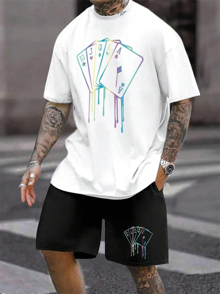 New Men's Short Sleeve Shorts Set Fashion King Printed T-Shirt Shorts 2 Sets of Casual Round Neck Jumper Breathable Sportswear