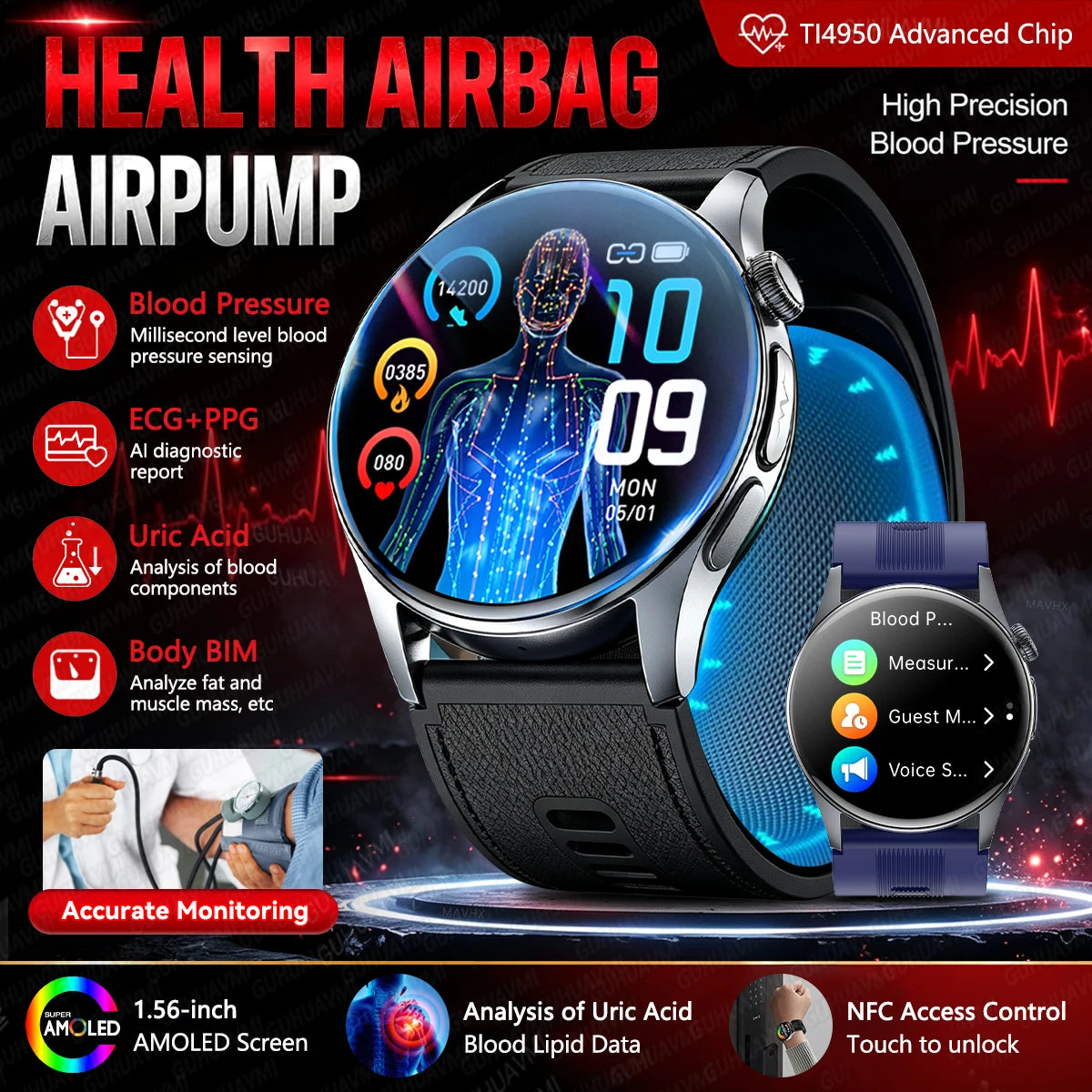 2026New Upgrade Airbag Health Smart Watch Accurate Blood pressure Uric Acid ECG 1.56“AMOLED Screen payment Fitness Nursing Watch