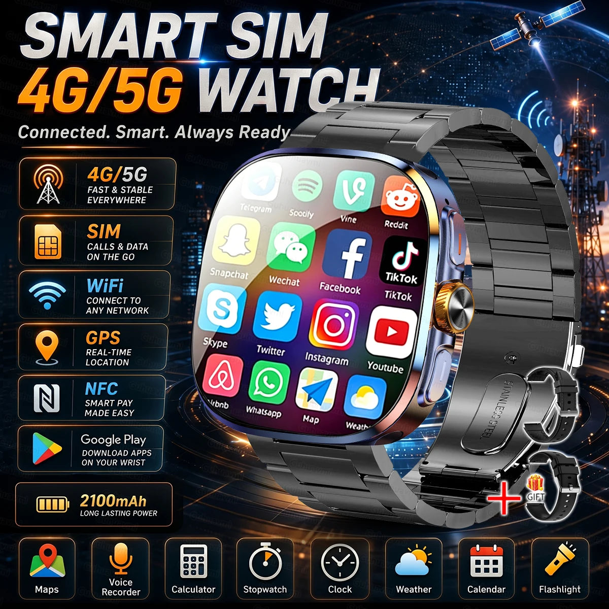New 4G 5G Full Netcom Smartwatch 2.4 inch Amoled Screen Insert Sim Card GPS WIFI 190° Rotating Camera Game Android Smart Watch