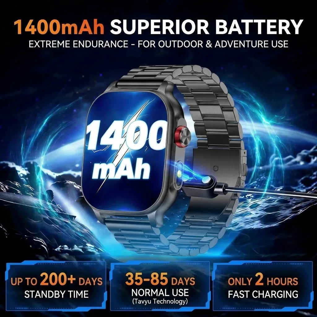 New1400mAh Large Battery Smart Watch 5ATM Waterproof LED Flashlight 100+ Sports Modes Heart Rate Fitness Tracker Men Smart Watch