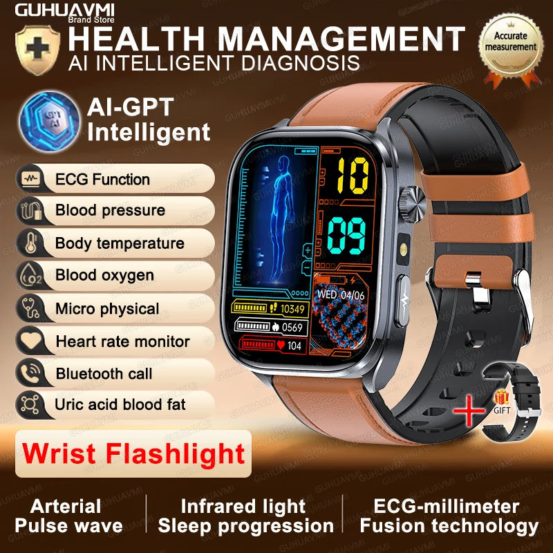 New Accurate Blood Pressure Smart Watch Uric Acid ECG+PPG Blood Oxygen Body Analysis Body Fat LED Flashlight smart watches 2025