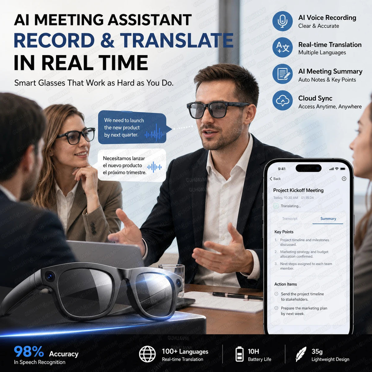 AI Glasses with 13MP POV Camera, Meeting Recording, Speech to Text, Smart Summary, Live Translation and Bluetooth Audio for Work
