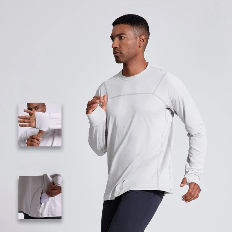 Autumn Breathable Round Neck Long Sleeve Quick‑Dry Fitness Shirt Pull‑Over Solid Sun‑Protection Running T‑Shirt Men