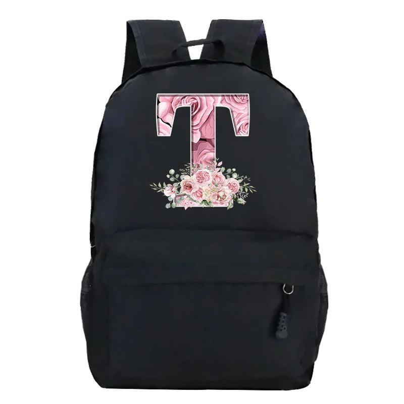 Pink Rose Alphabet Backpack Black Casual Women Aesthetics Rucksack Teenage Girl Boy Flower Letter School Bag Student Mochilas