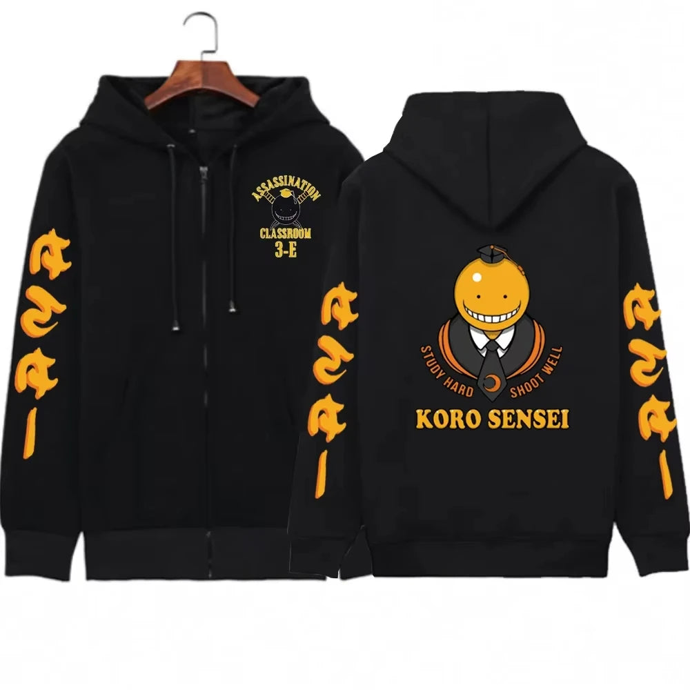 Anime Manga Assassination Classroom Koro Sensei Printed Men and Women Hoodies Cartoon Long Sleeve Zip Up Jacket Coats Sweatshirt