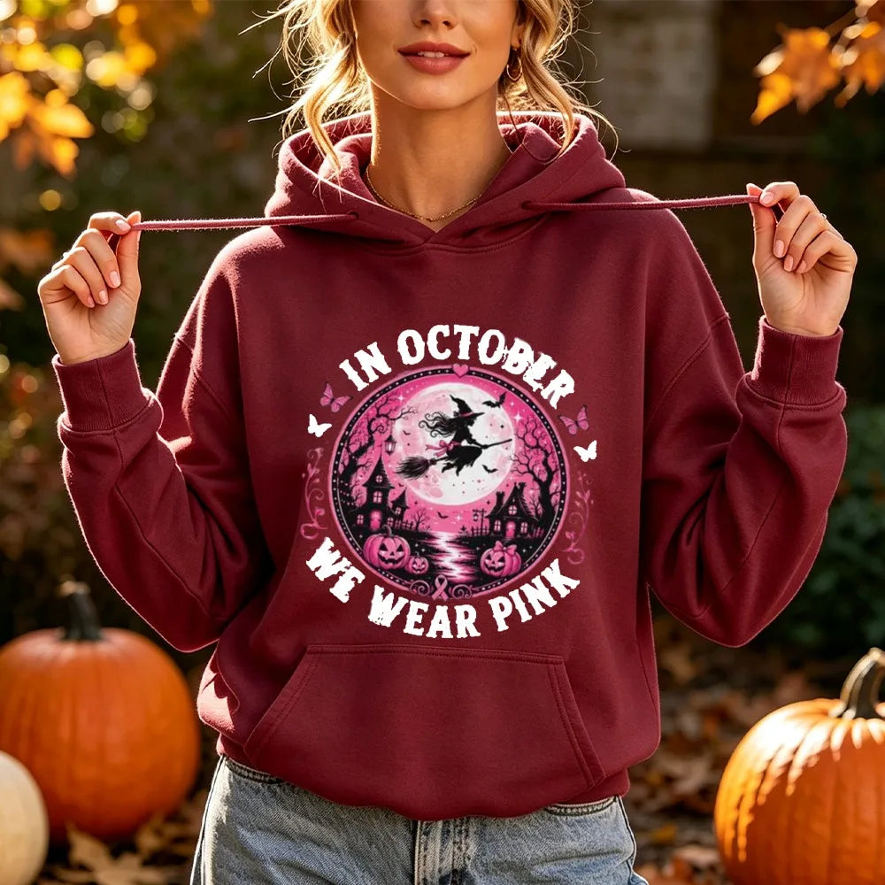In October We Wear Pink Print Hoodie Halloween Witch Graphic Pullover Pink Ribbon Survivor Support Long Sleeve Blouse Hoodies