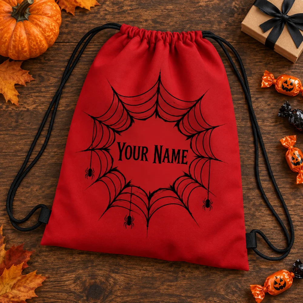 Halloween Trick Or Treat Drawstring Backpack, Personalized Custom Name Spider Web Print Sack, Lightweight Candy Carry Bag