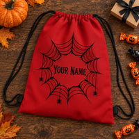 Halloween Trick Or Treat Drawstring Backpack, Personalized Custom Name Spider Web Print Sack, Lightweight Candy Carry Bag