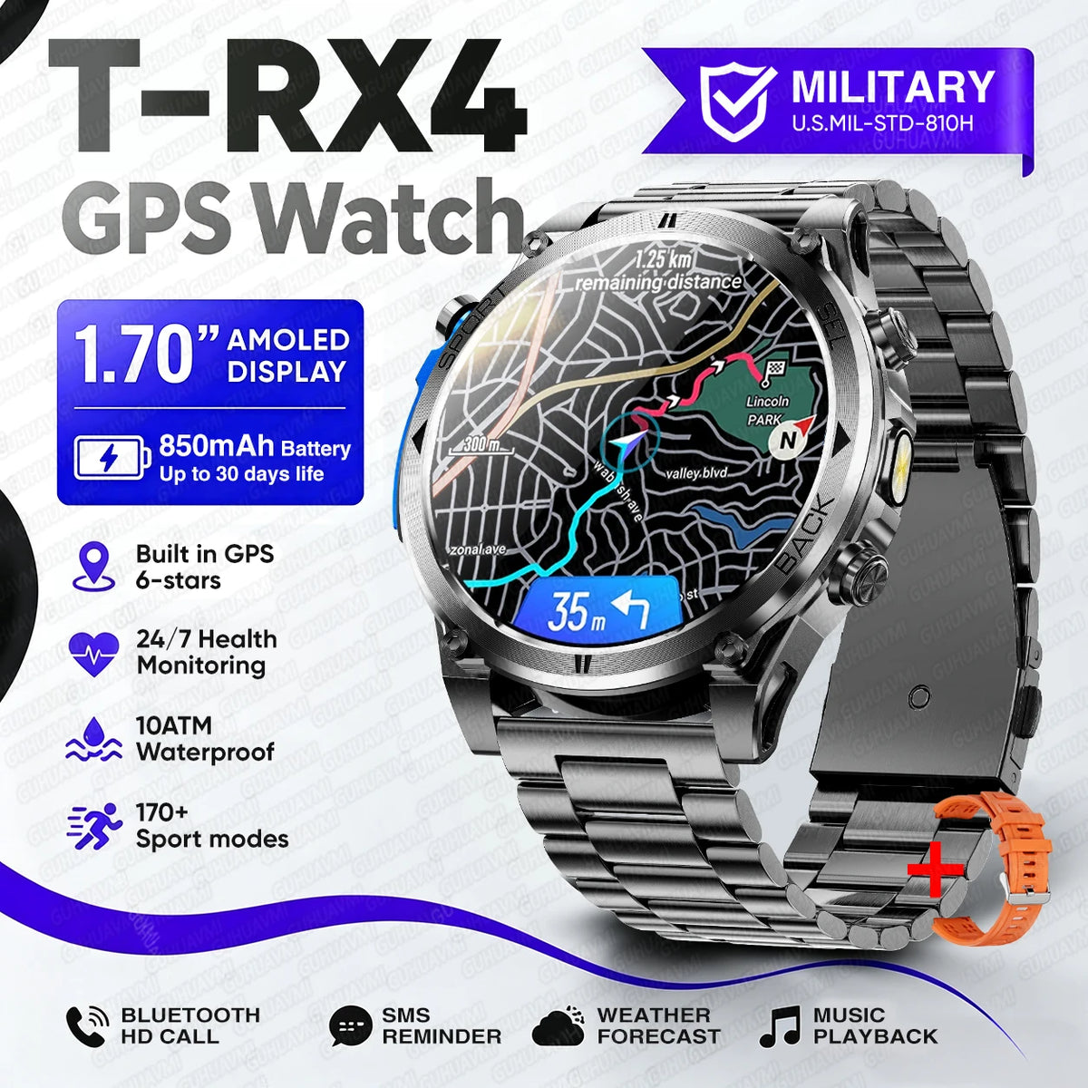 2026New Military T-RX4 Built in GPS Outdoor Smart Watch 10ATM Waterproof Compass  850mAh Battery 1.7”AMOLED Sports Fitness Clock