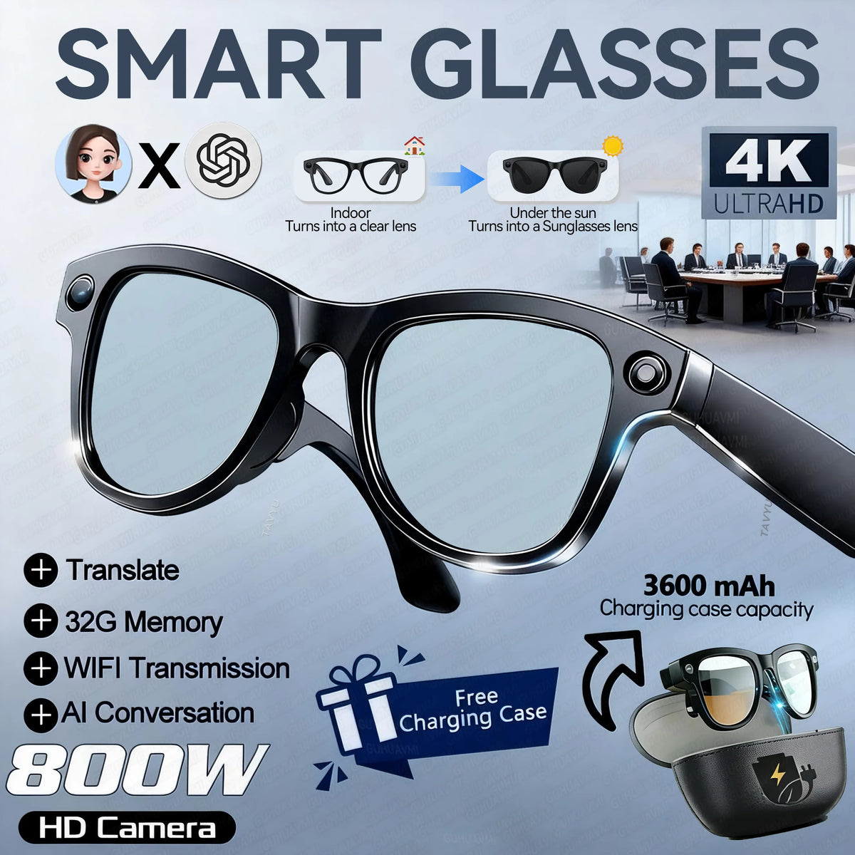 2026 New AI Video Glasses 1080P HD Camera Recorder Bluetooth Audio Voice Control Touch WiFi Sync Smart Glasses for Travel Use HD