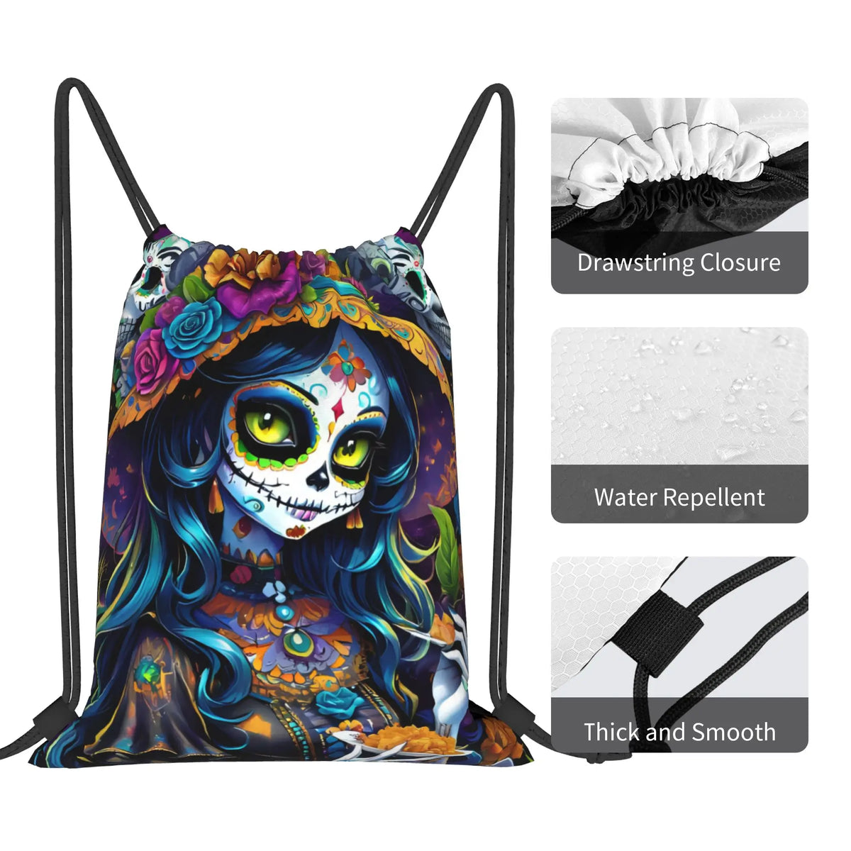 Custom Day of the Dead Retro Style Ideal Gift Halloween Drawstring Backpack Sports Gym Bag for Women Men  Training Sackpack