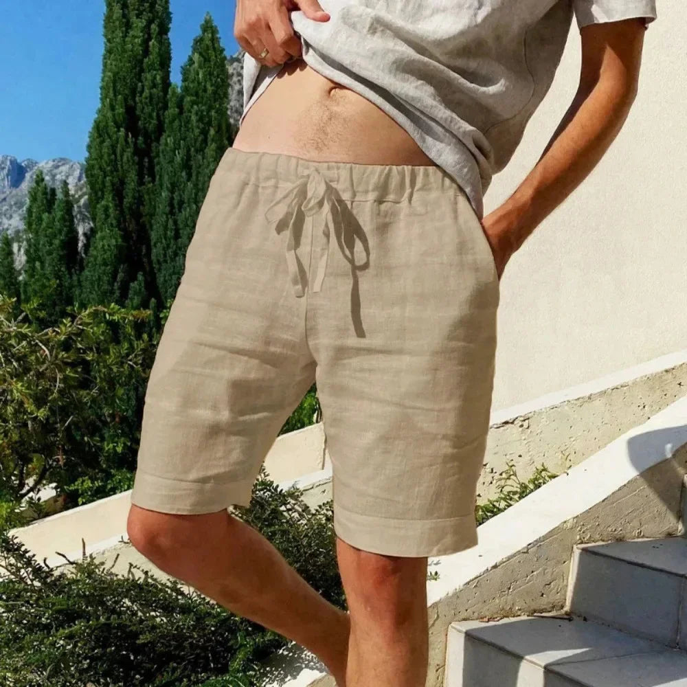 Summer New Men's Cotton Linen Breathable Shorts Hawaii Beach Pants Male Solid Color Trousers Loose Versatile Streetwear