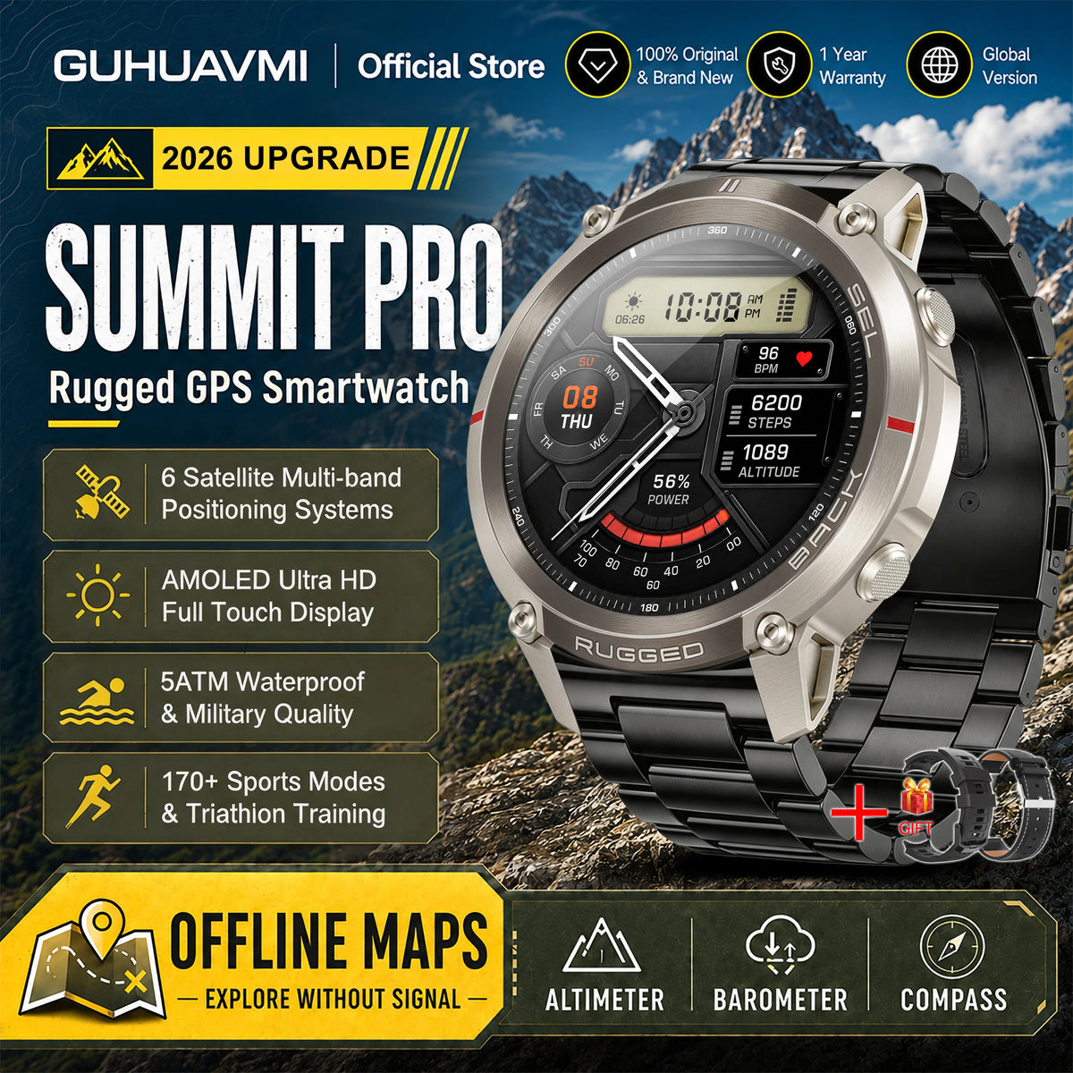 2026 New Google Maps Smart Watch GPS Route Tracking Offline Map Compass Fitness Tracker BT Call Rugged Outdoor HD Smartwatch Men