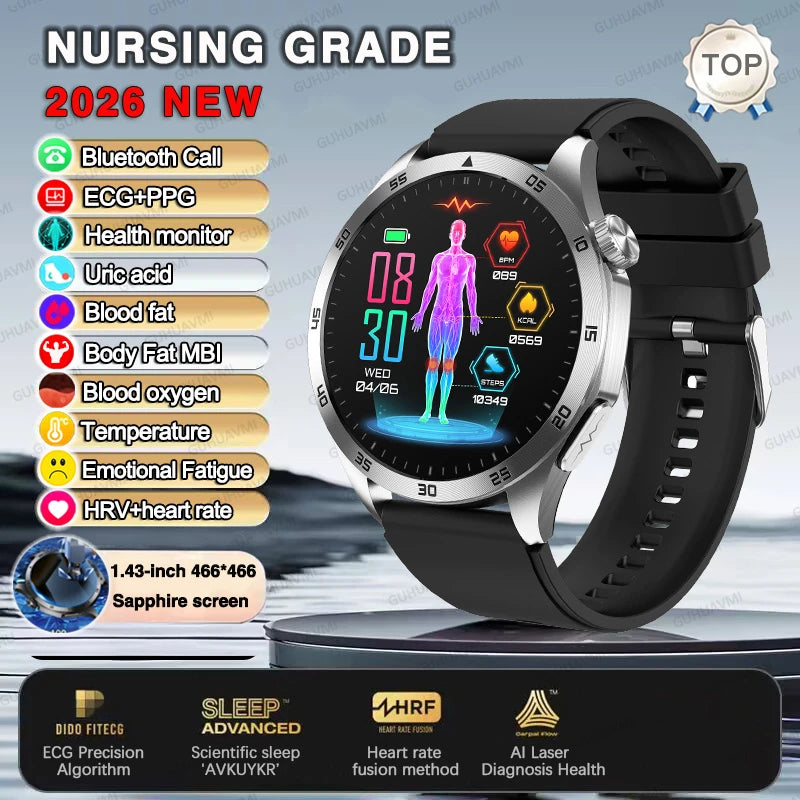 2026 New ECG+PPG Smart Watch Men Treatment Blood Pressure Uric acid Lipids Smartwatch Bluetooth Call Body analysis Health Clock