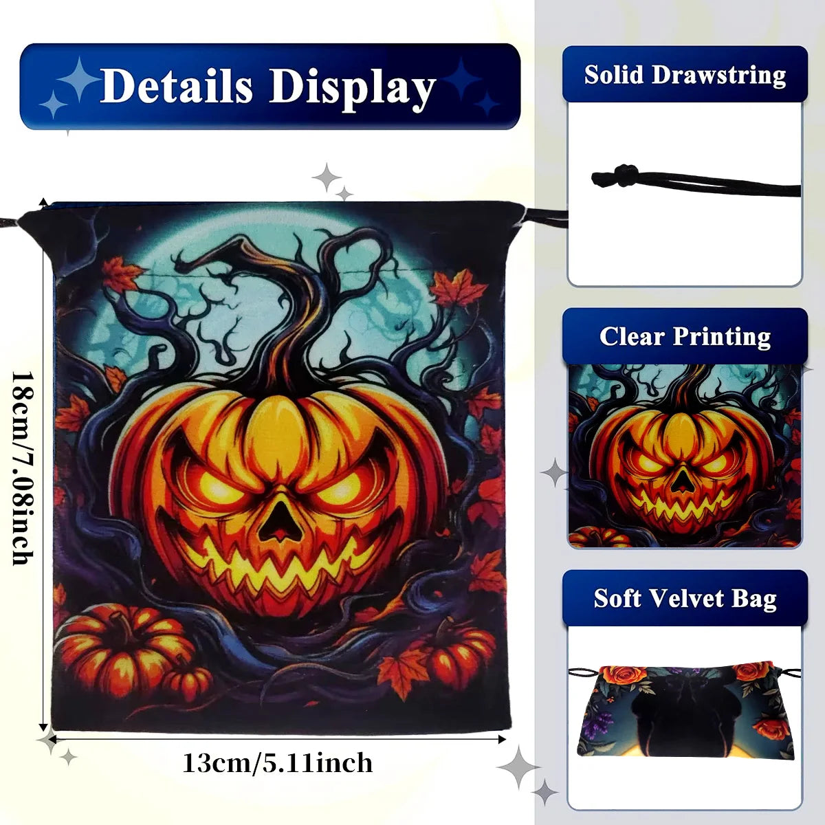 Velvet Witch Cat  Tarot Card Bag With Halloween Pumpkin Drawstring Pouch For Divination Jewelry Astrology Dice Accessories Bag